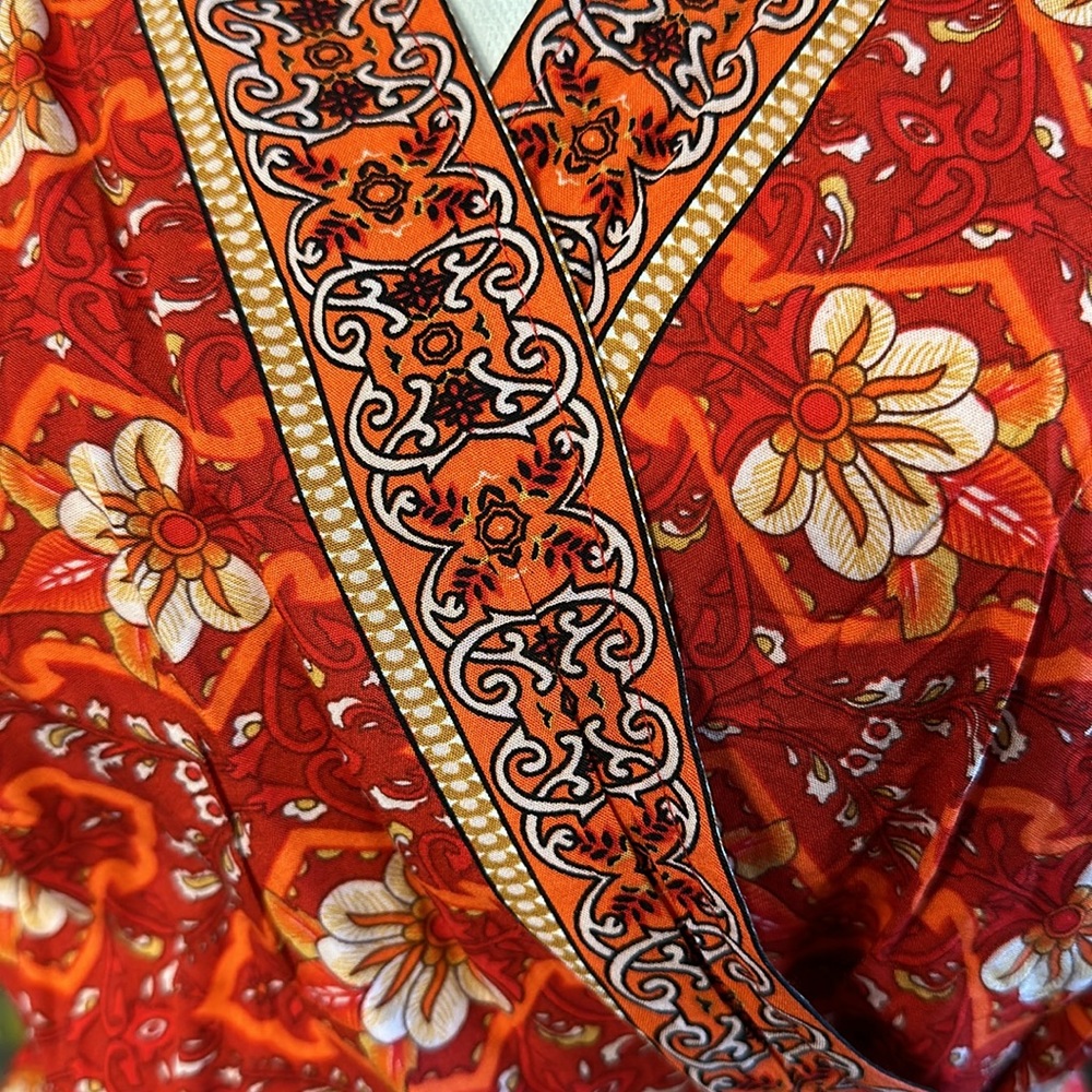 NEW Sexy Boho Style Wrap Floral Print Summer Long Red gold V-Neck Maxi Dress M - Picture 11 of 17